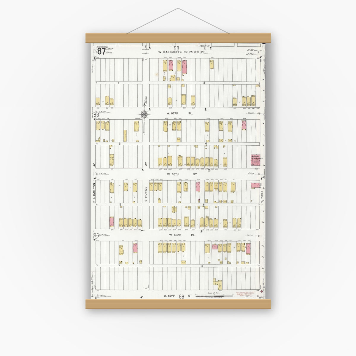 Old map wall art mockup — magnetic wood frame on white wall — Sanborn Fire Insurance Map from Chicago, Cook County, Illinois (1920), Sheet #0087