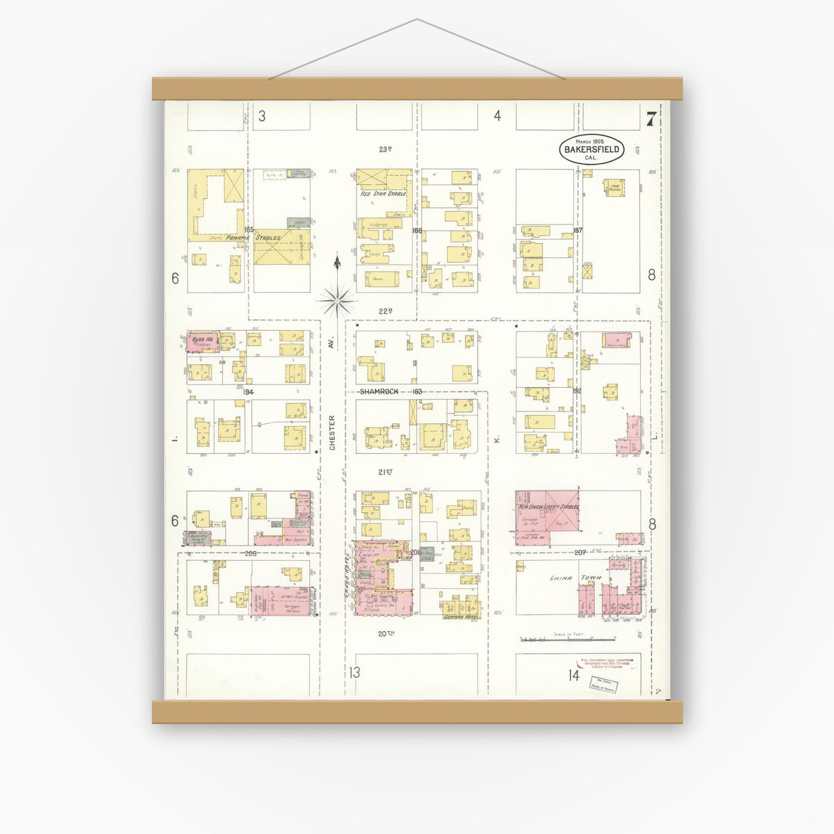 Old map wall art mockup — magnetic wood frame on white wall — Sanborn Fire Insurance Map from Bakersfield, Kern County, California (1905), Sheet #0007