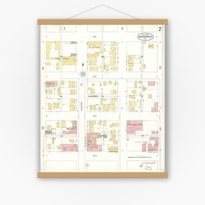 Old map wall art mockup — magnetic wood frame on white wall — Sanborn Fire Insurance Map from Bakersfield, Kern County, California (1905), Sheet #0007