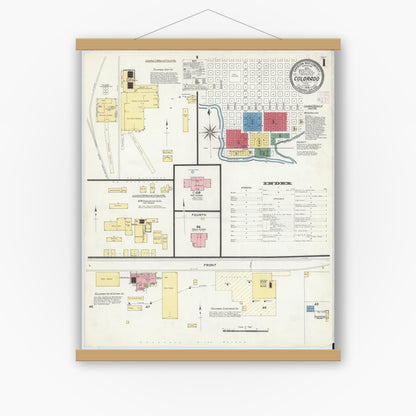 Old map wall art mockup — magnetic wood frame on white wall — Sanborn Fire Insurance Map from Colorado, Mitchell County, Texas (1908), Sheet #0001