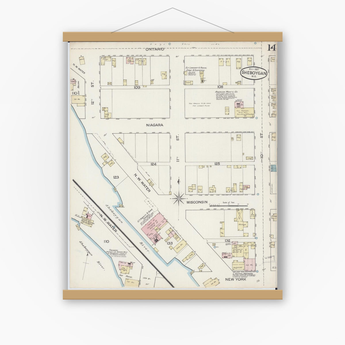 Old map wall art mockup — magnetic wood frame on white wall — Sanborn Fire Insurance Map from Sheboygan, Sheboygan County, Wisconsin (1887), Sheet #0014