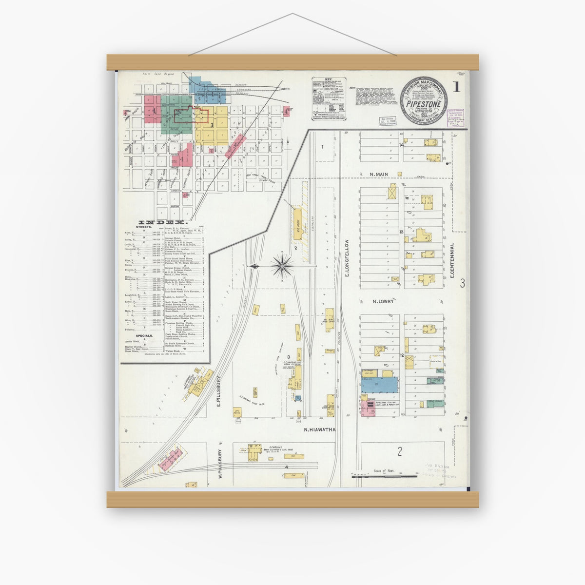 Old map wall art mockup — magnetic wood frame on white wall — Sanborn Fire Insurance Map from Pipestone, Pipestone County, Minnesota (1904) - Complete Map Set