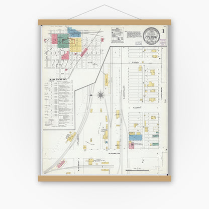 Old map wall art mockup — magnetic wood frame on white wall — Sanborn Fire Insurance Map from Pipestone, Pipestone County, Minnesota (1904) - Complete Map Set
