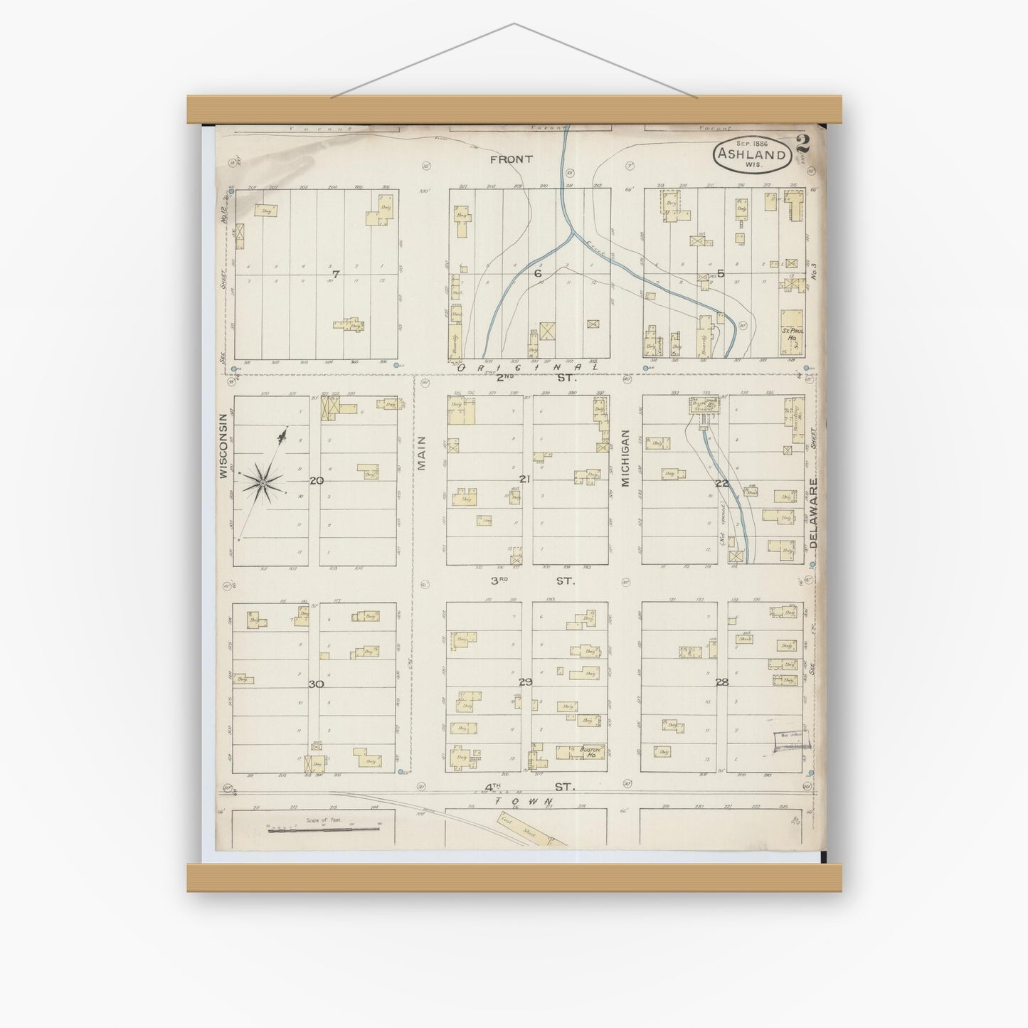 Old map wall art mockup — magnetic wood frame on white wall — Sanborn Fire Insurance Map from Ashland, Ashland County, Wisconsin (1886), Sheet #0002