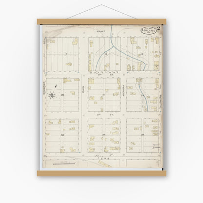 Old map wall art mockup — magnetic wood frame on white wall — Sanborn Fire Insurance Map from Ashland, Ashland County, Wisconsin (1886), Sheet #0002