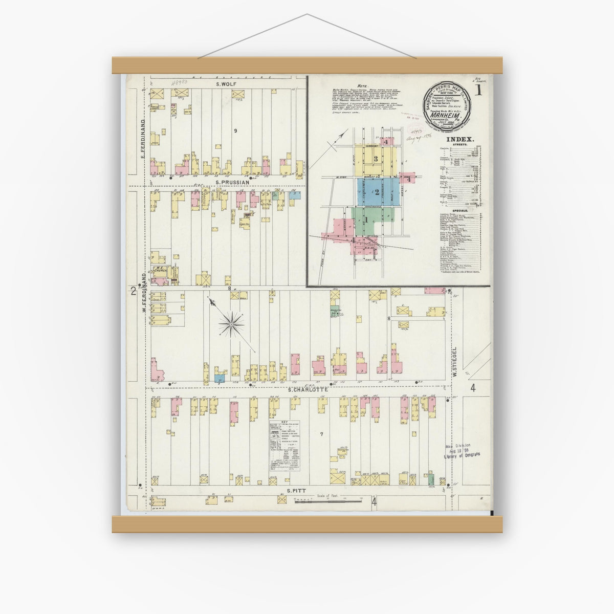 Old map wall art mockup — magnetic wood frame on white wall — Sanborn Fire Insurance Map from Manheim, Lancaster County, Pennsylvania (1896), Sheet #0001