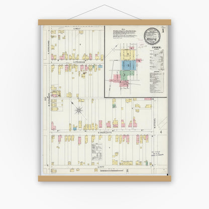 Old map wall art mockup — magnetic wood frame on white wall — Sanborn Fire Insurance Map from Manheim, Lancaster County, Pennsylvania (1896), Sheet #0001