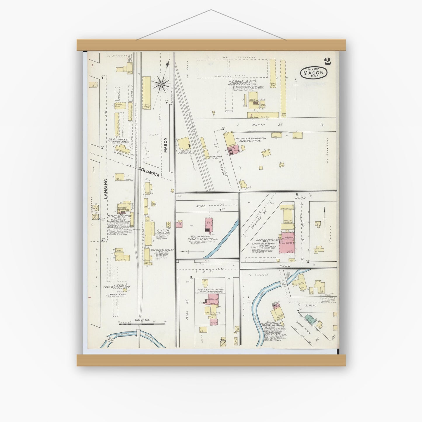 Old map wall art mockup — magnetic wood frame on white wall — Sanborn Fire Insurance Map from Mason, Ingham County, Michigan (1892), Sheet #0002