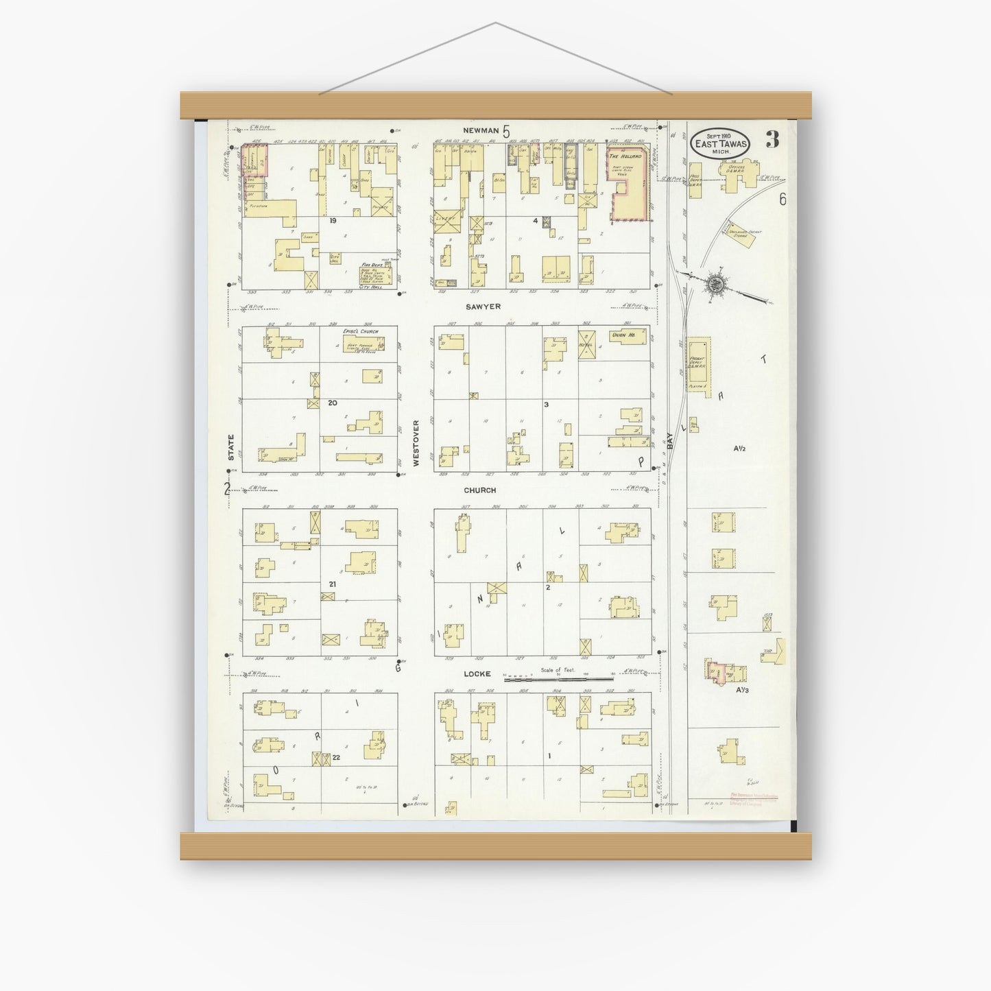 Old map wall art mockup — magnetic wood frame on white wall — Sanborn Fire Insurance Map from East Tawas, Iosco County, Michigan (1910), Sheet #0003