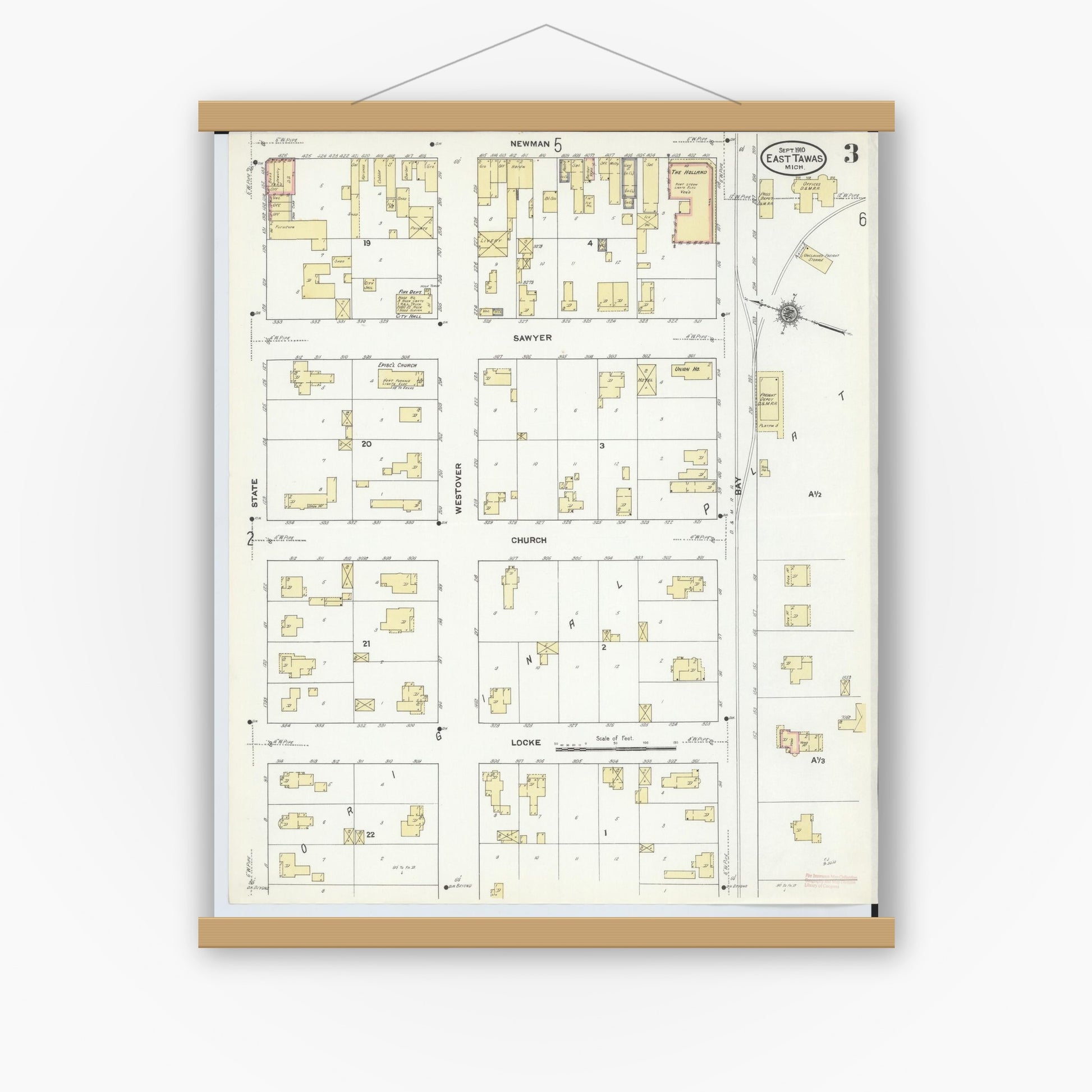 Old map wall art mockup — magnetic wood frame on white wall — Sanborn Fire Insurance Map from East Tawas, Iosco County, Michigan (1910), Sheet #0003