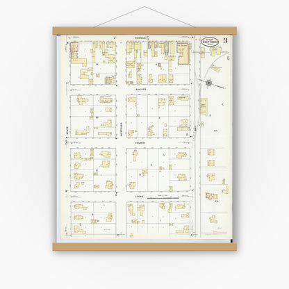 Old map wall art mockup — magnetic wood frame on white wall — Sanborn Fire Insurance Map from East Tawas, Iosco County, Michigan (1910), Sheet #0003