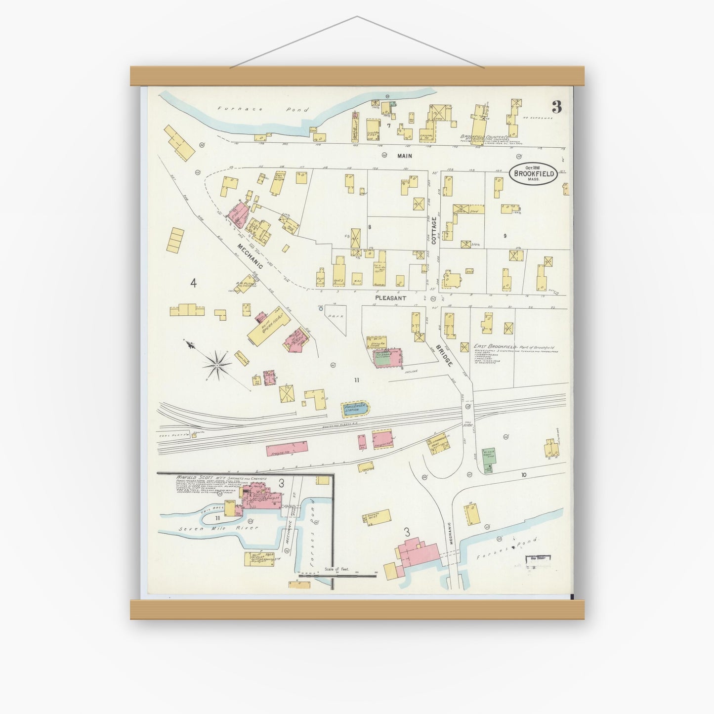 Old map wall art mockup — magnetic wood frame on white wall — Sanborn Fire Insurance Map from Brookfield, Worcester County, Massachusetts (1898), Sheet #0003