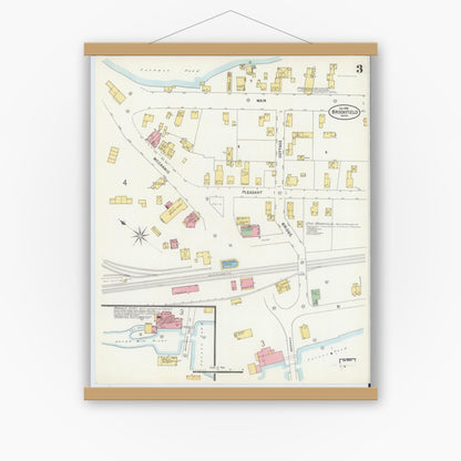 Old map wall art mockup — magnetic wood frame on white wall — Sanborn Fire Insurance Map from Brookfield, Worcester County, Massachusetts (1898), Sheet #0003