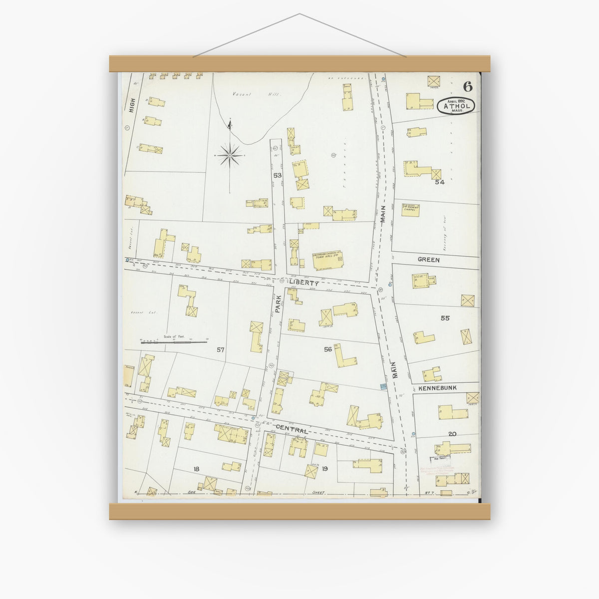 Old map wall art mockup — magnetic wood frame on white wall — Sanborn Fire Insurance Map from Athol, Worcester County, Massachusetts (1892), Sheet #0006
