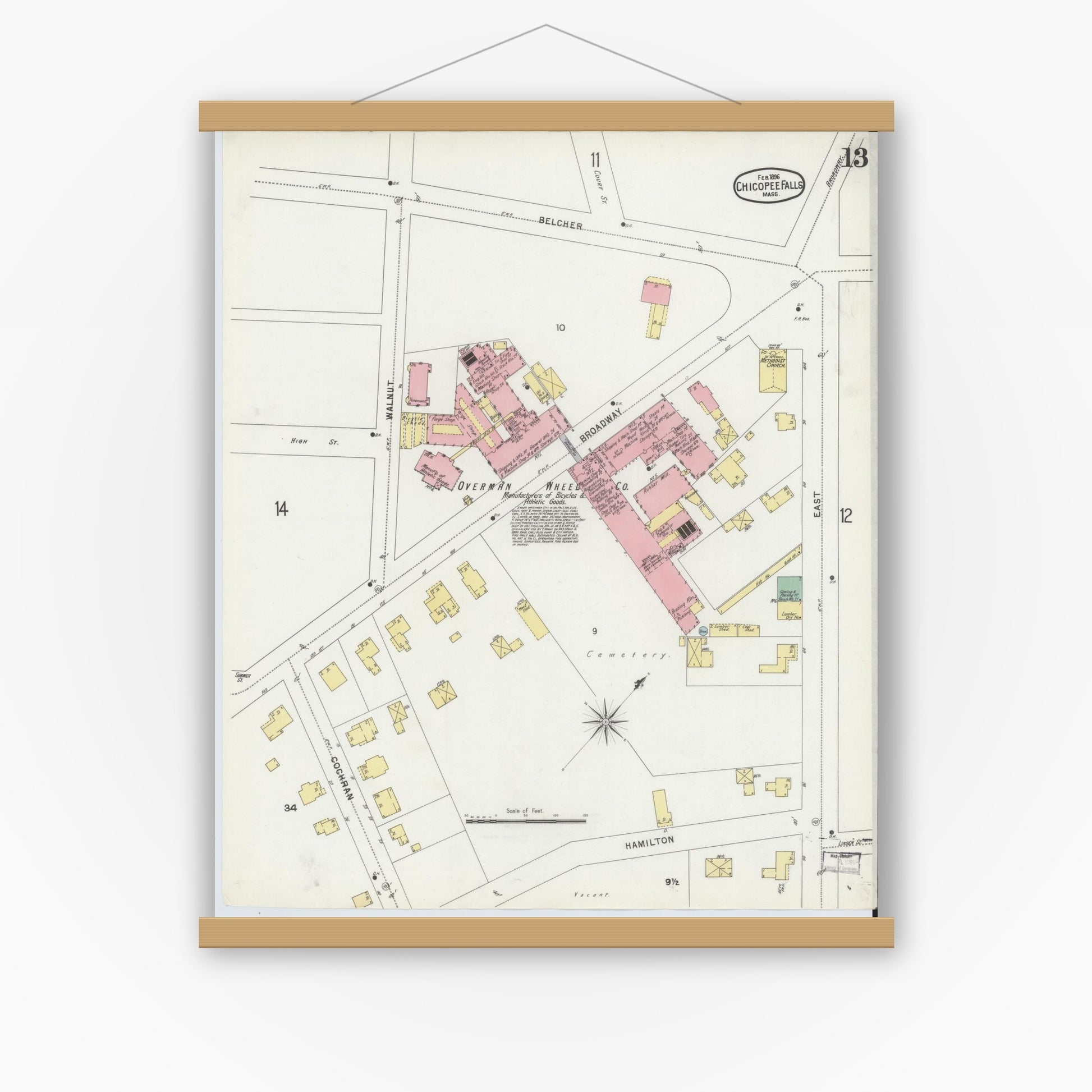 Old map wall art mockup — magnetic wood frame on white wall — Sanborn Fire Insurance Map from Chicopee, Hampden County, Massachusetts (1896), Sheet #0013