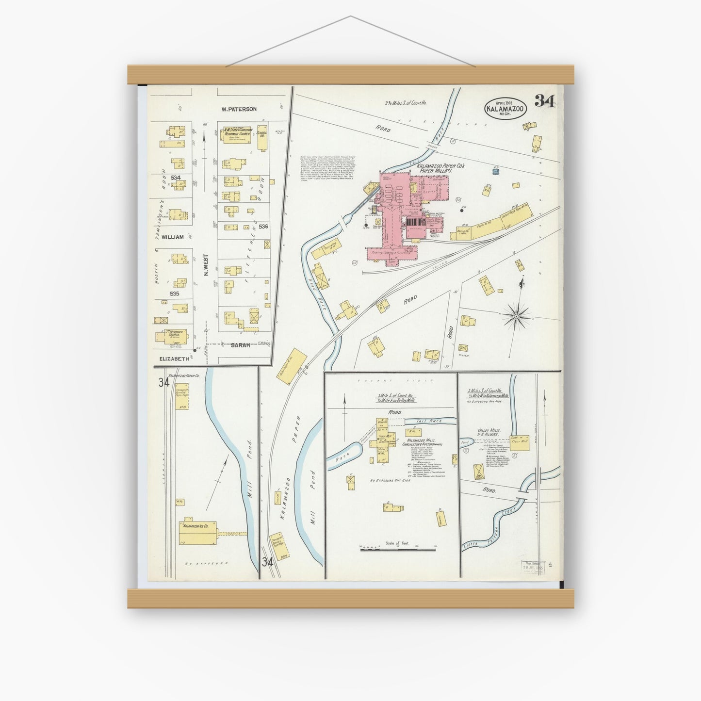 Old map wall art mockup — magnetic wood frame on white wall — Sanborn Fire Insurance Map from Kalamazoo, Kalamazoo County, Michigan (1902), Sheet #0034