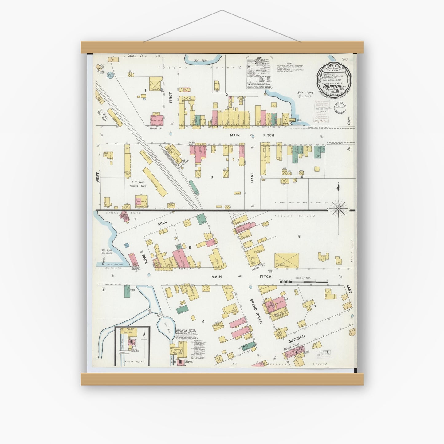 Old map wall art mockup — magnetic wood frame on white wall — Sanborn Fire Insurance Map from Brighton, Livingston County, Michigan (1899), Sheet #0001