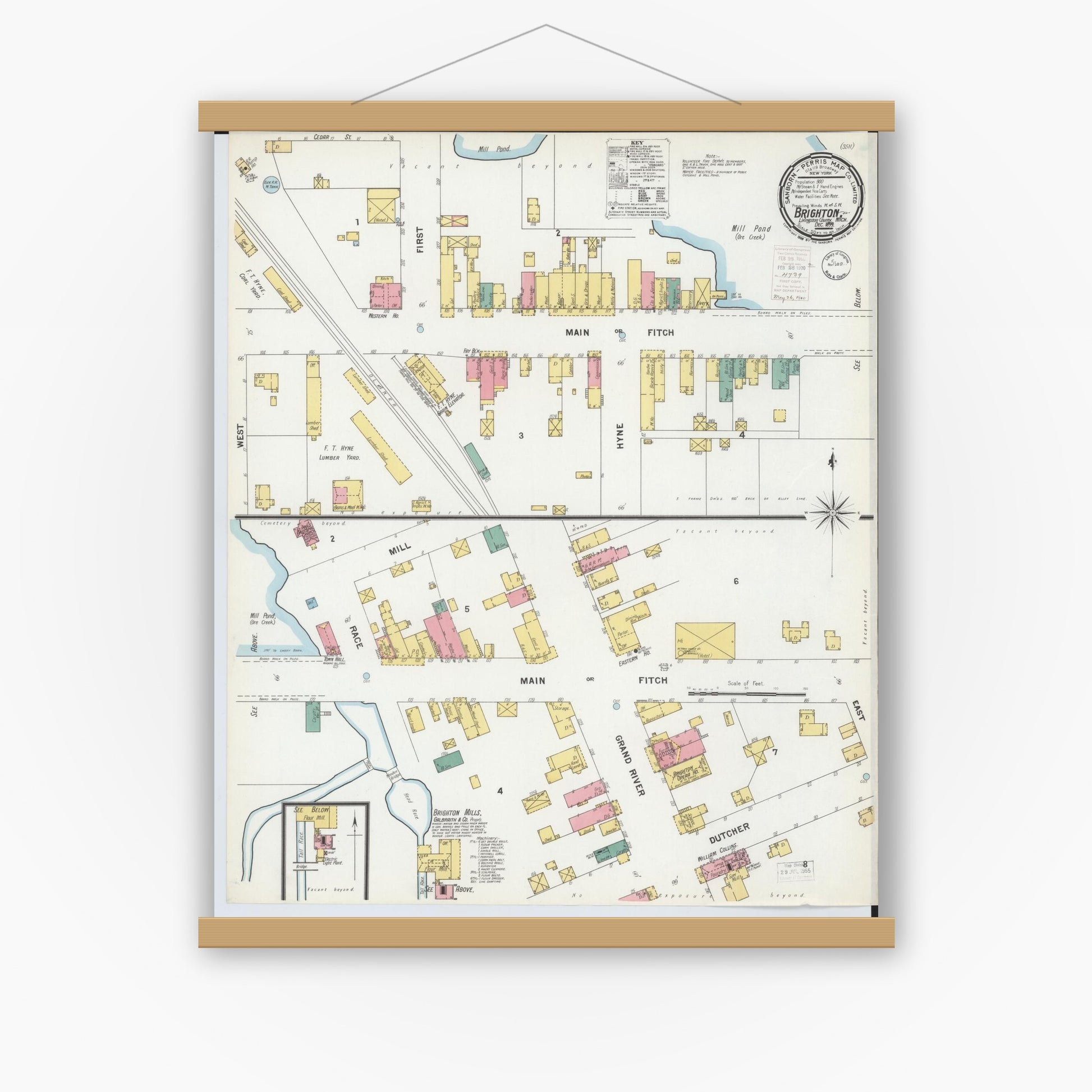 Old map wall art mockup — magnetic wood frame on white wall — Sanborn Fire Insurance Map from Brighton, Livingston County, Michigan (1899), Sheet #0001
