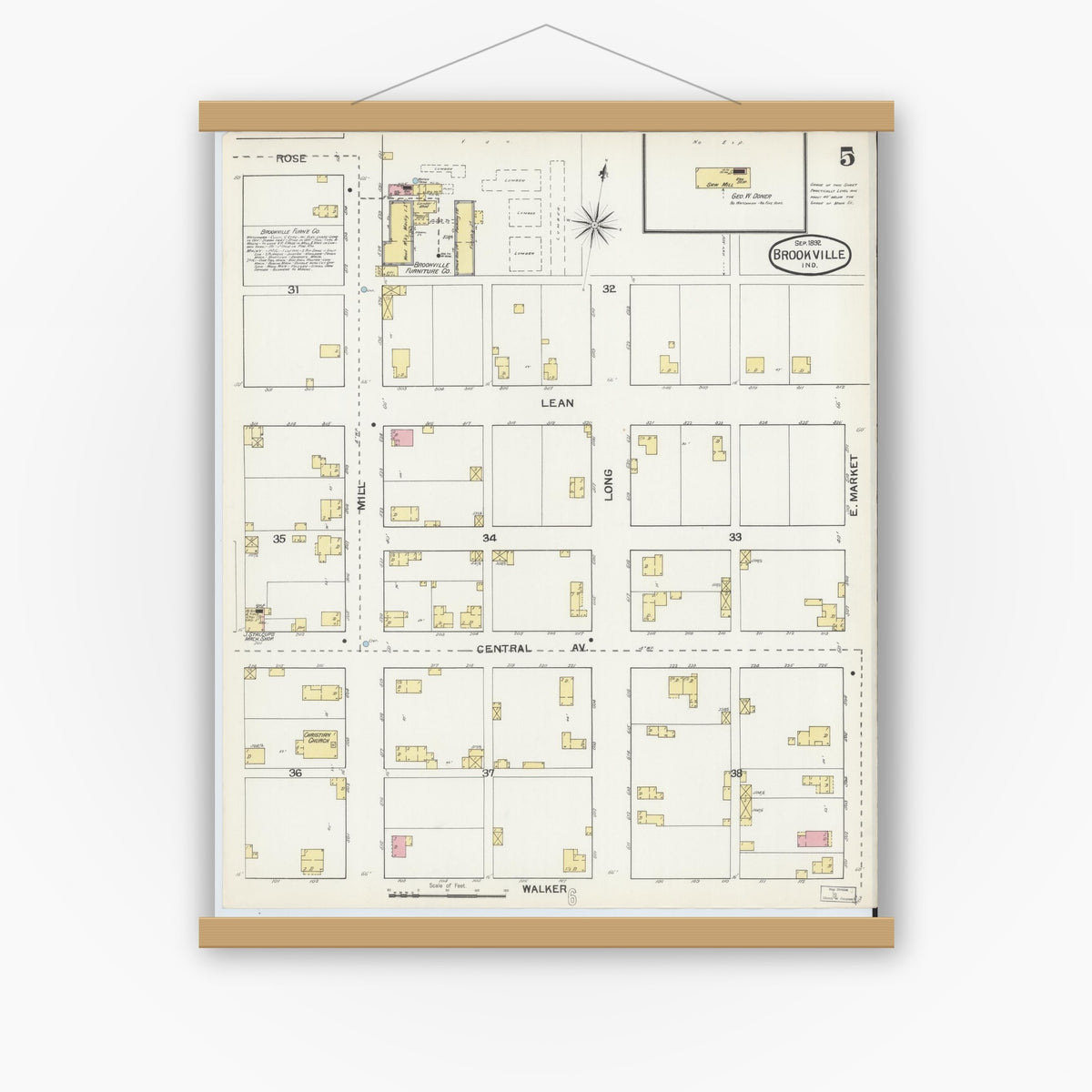 Old map wall art mockup — magnetic wood frame on white wall — Sanborn Fire Insurance Map from Brookville, Franklin County, Indiana (1892), Sheet #0005