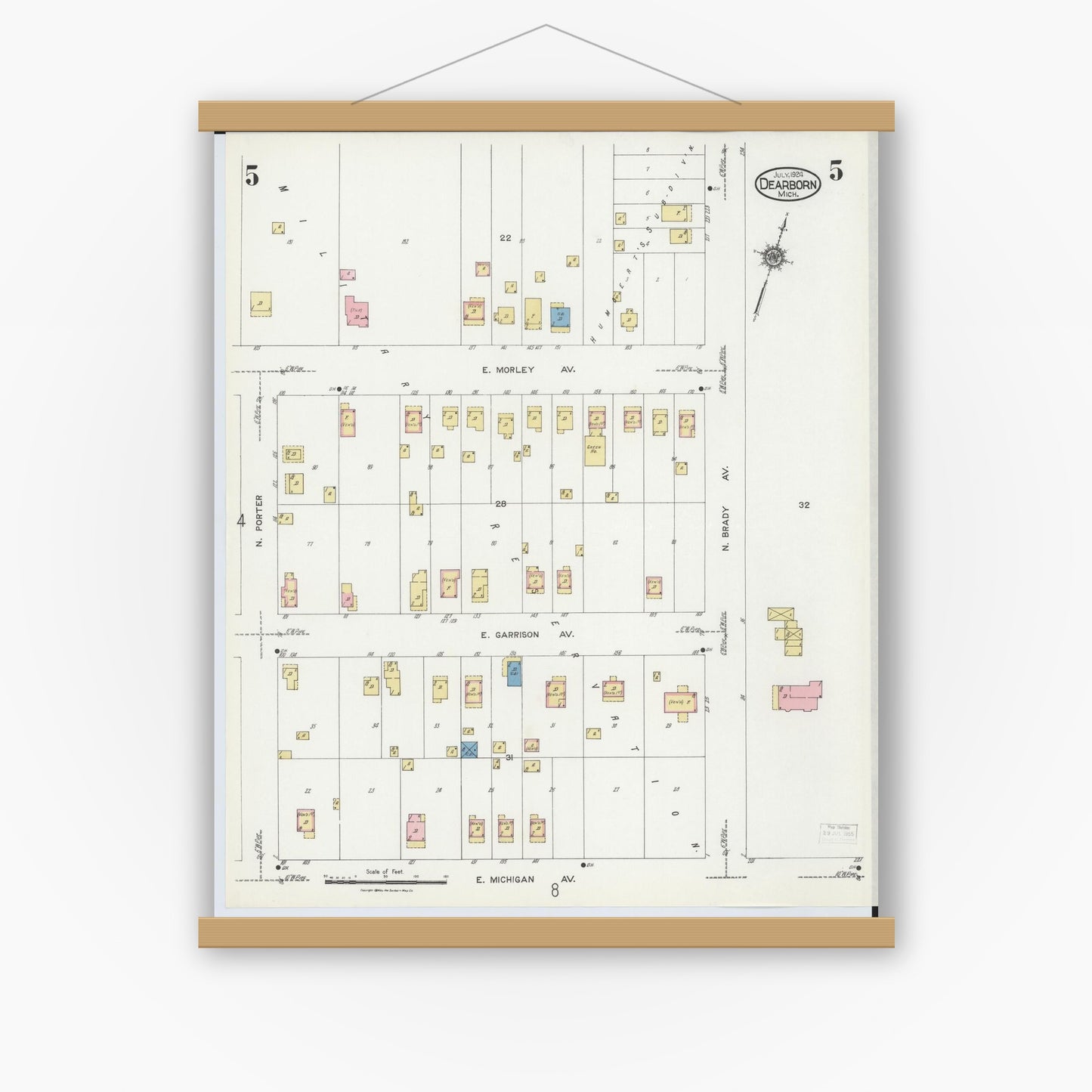 Old map wall art mockup — magnetic wood frame on white wall — Sanborn Fire Insurance Map from Dearborn, Wayne County, Michigan (1924), Sheet #0005