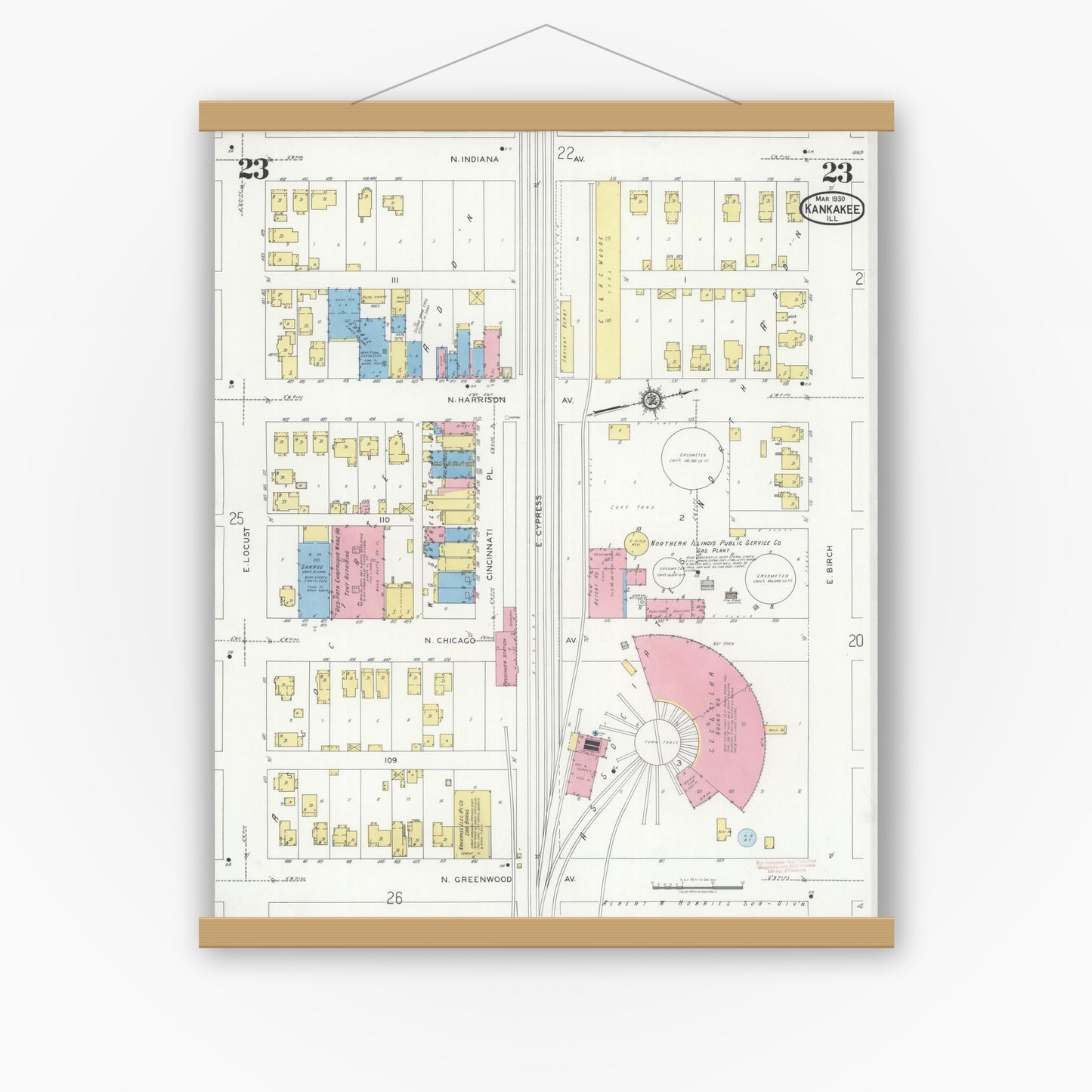 Old map wall art mockup — magnetic wood frame on white wall — Sanborn Fire Insurance Map from Kankakee, Kankakee County, Illinois (1930), Sheet #0023