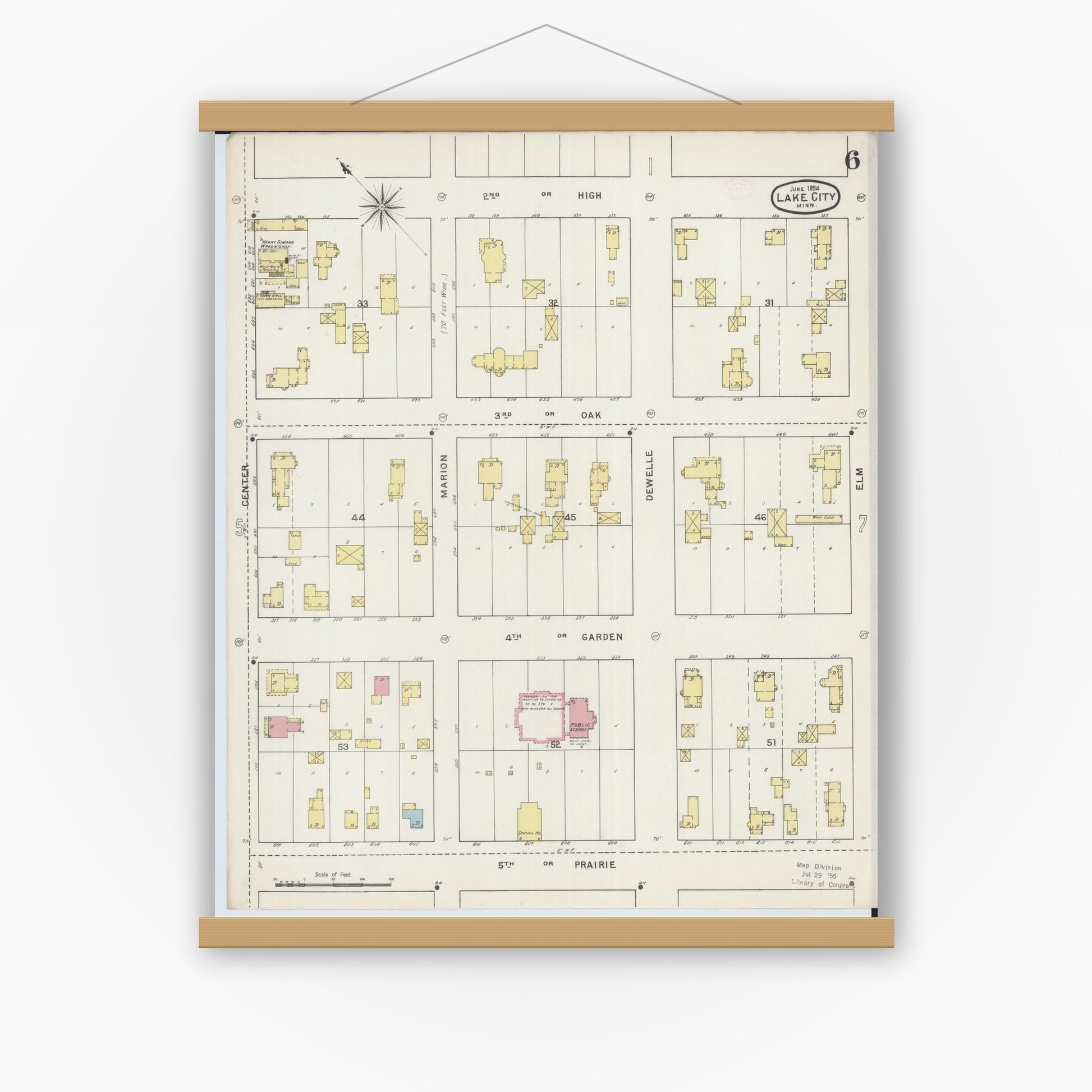 Old map wall art mockup — magnetic wood frame on white wall — Sanborn Fire Insurance Map from Lake City, Wabasha County, Minnesota (1894), Sheet #0006