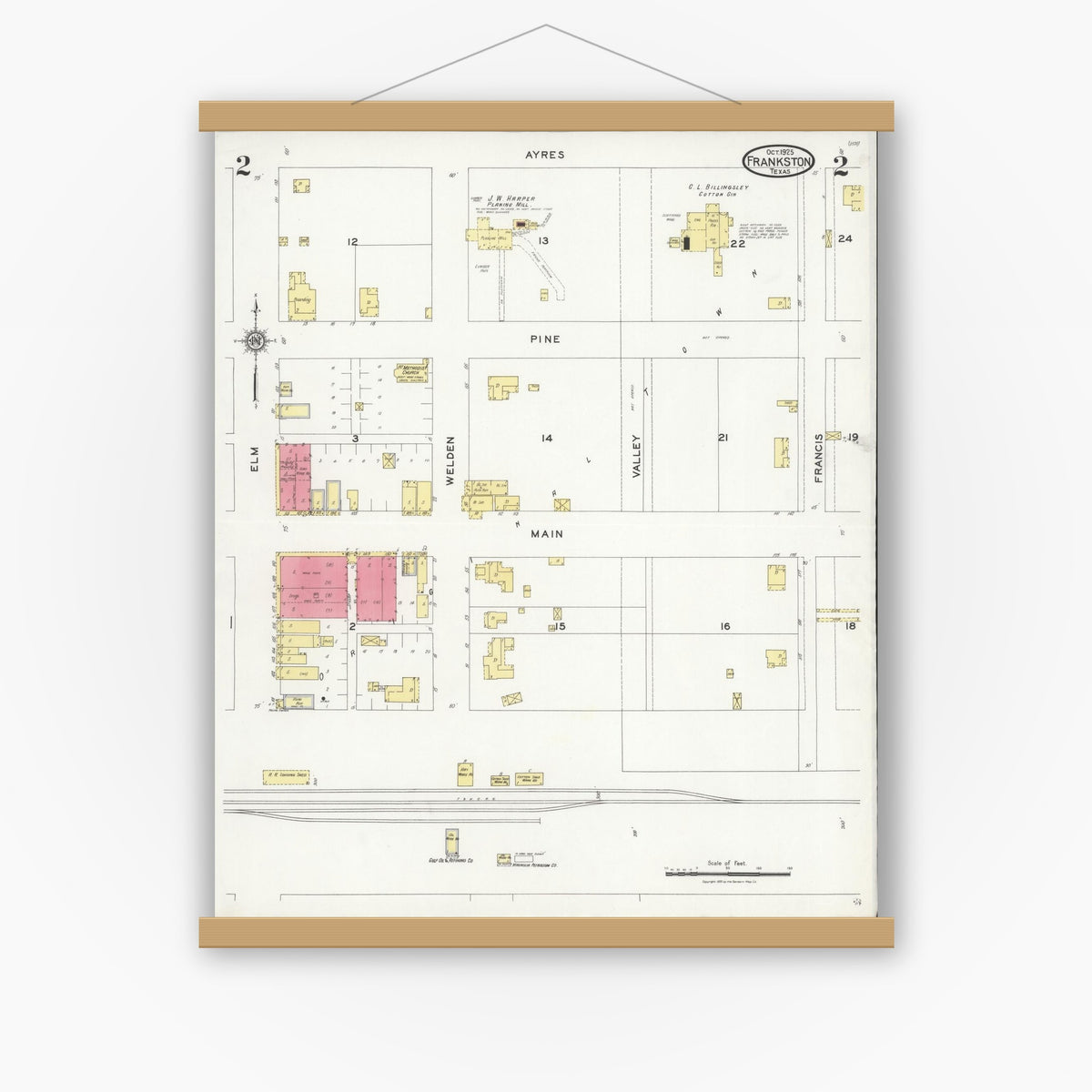 Old map wall art mockup — magnetic wood frame on white wall — Sanborn Fire Insurance Map from Frankston, Anderson County, Texas (1925), Sheet #0002