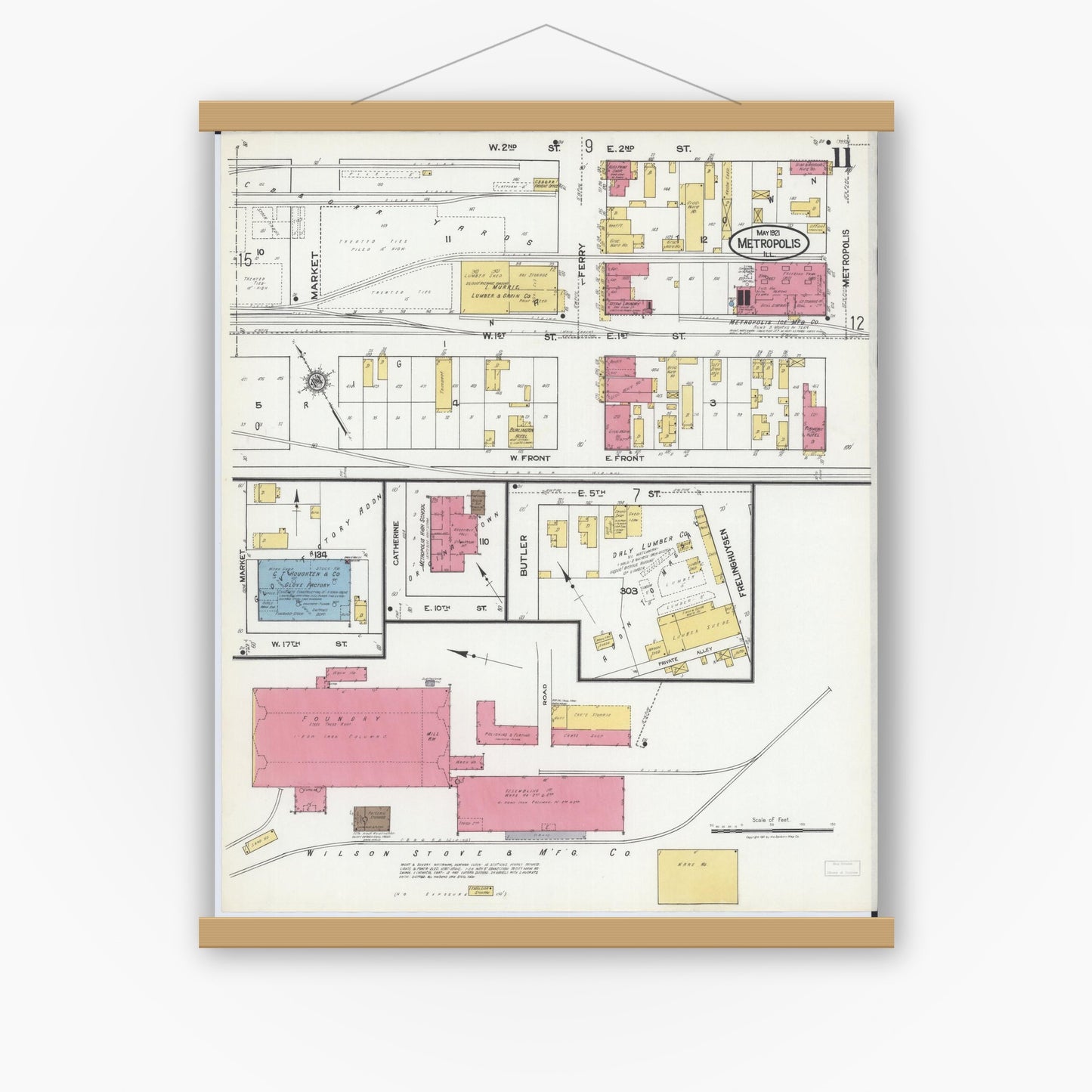 Old map wall art mockup — magnetic wood frame on white wall — Sanborn Fire Insurance Map from Metropolis, Massac County, Illinois (1921), Sheet #0011