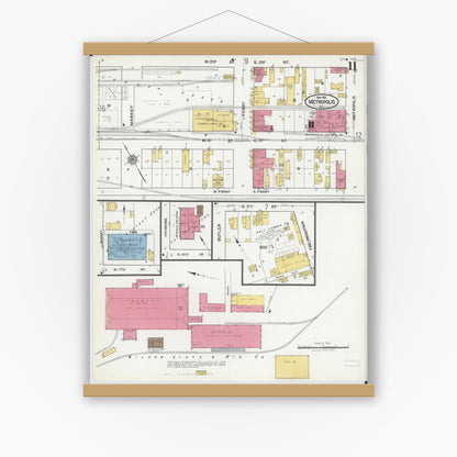 Old map wall art mockup — magnetic wood frame on white wall — Sanborn Fire Insurance Map from Metropolis, Massac County, Illinois (1921), Sheet #0011