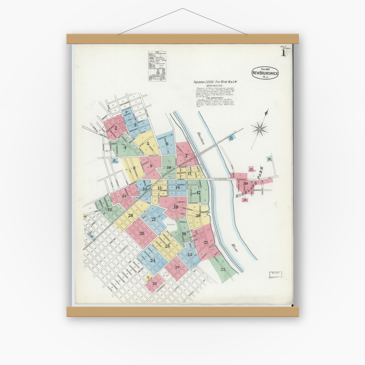 Old map wall art mockup — magnetic wood frame on white wall — Sanborn Fire Insurance Map from New Brunswick, Middlesex County, New Jersey (1897) - Complete Map Set
