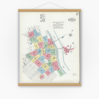 Old map wall art mockup — magnetic wood frame on white wall — Sanborn Fire Insurance Map from New Brunswick, Middlesex County, New Jersey (1897) - Complete Map Set