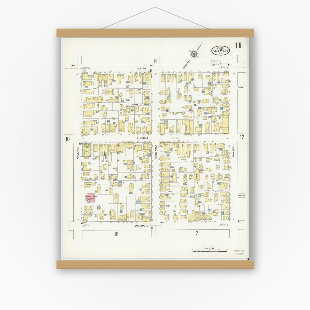 Old map wall art mockup — magnetic wood frame on white wall — Sanborn Fire Insurance Map from Key West, Monroe County, Florida (1912), Sheet #0011