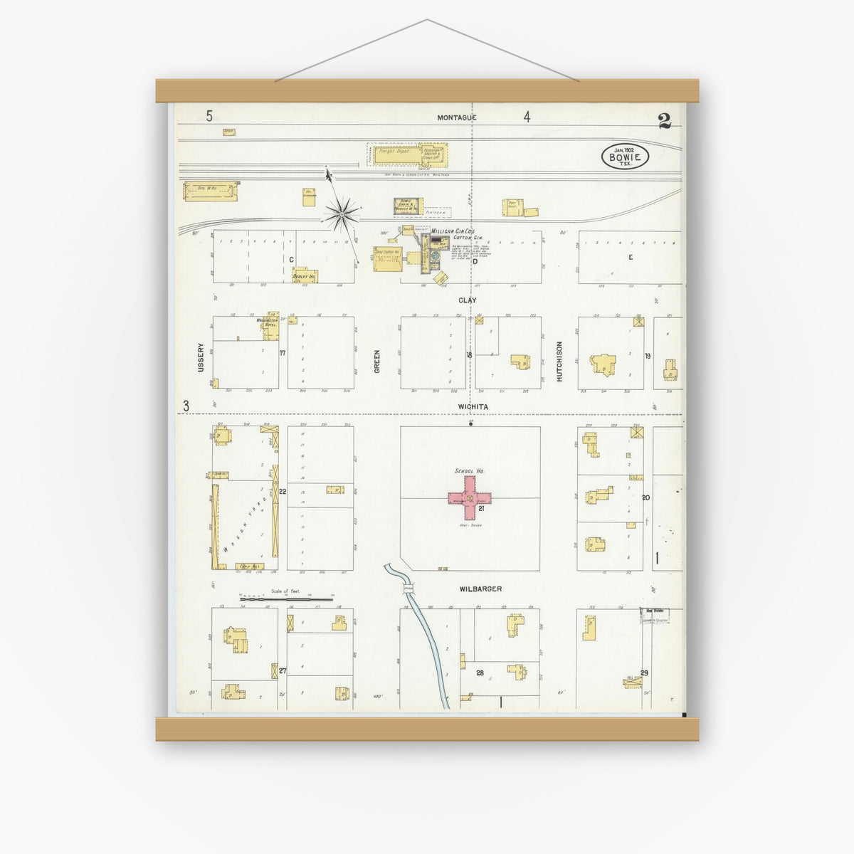 Old map wall art mockup — magnetic wood frame on white wall — Sanborn Fire Insurance Map from Bowie, Montague County, Texas (1902), Sheet #0002
