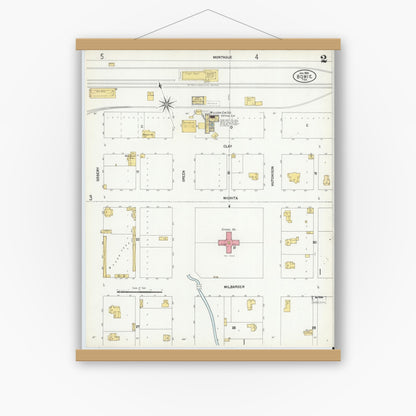 Old map wall art mockup — magnetic wood frame on white wall — Sanborn Fire Insurance Map from Bowie, Montague County, Texas (1902), Sheet #0002