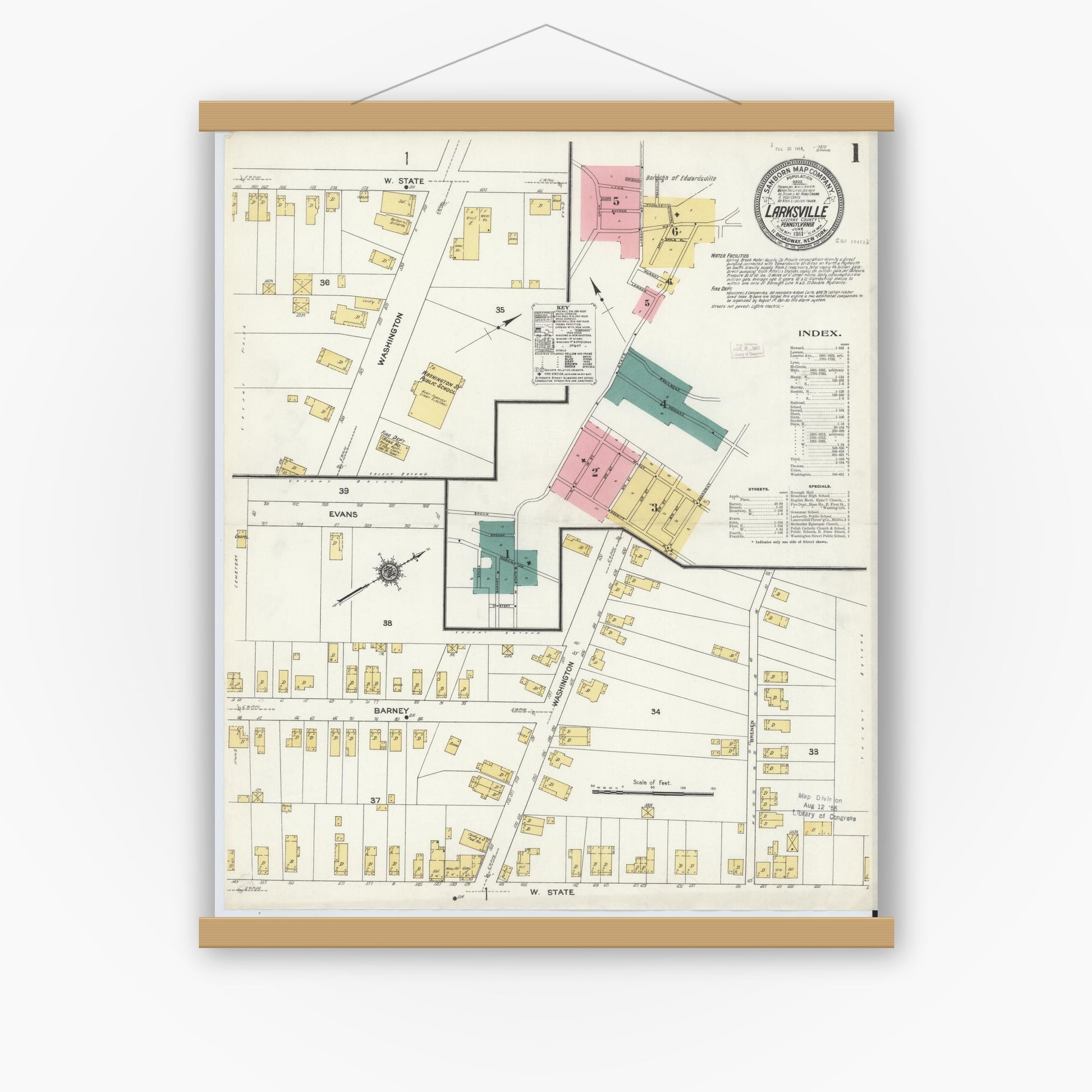 Old map wall art mockup — magnetic wood frame on white wall — Sanborn Fire Insurance Map from Larksville, Luzerne County, Pennsylvania (1911), Sheet #0001