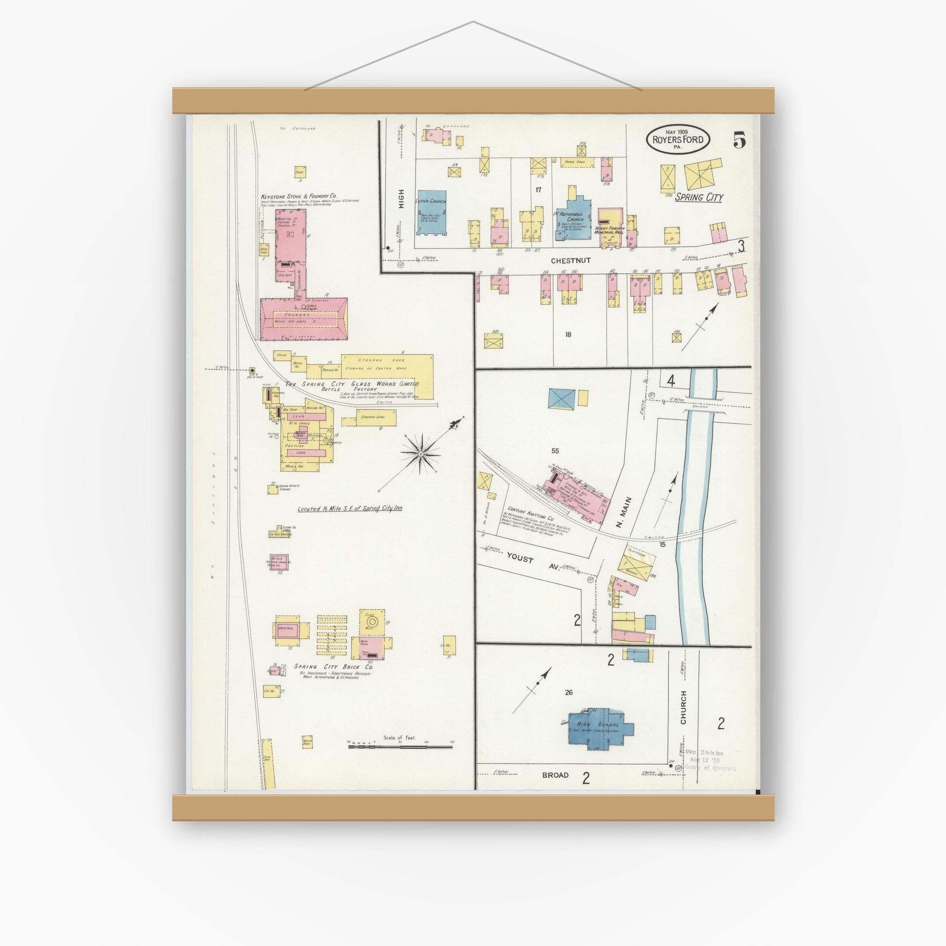 Old map wall art mockup — magnetic wood frame on white wall — Sanborn Fire Insurance Map from Royersford, Montgomery County, Pennsylvania (1909), Sheet #0005
