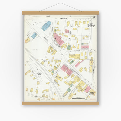 Old map wall art mockup — magnetic wood frame on white wall — Sanborn Fire Insurance Map from Quincy, Norfolk County, Massachusetts (1901), Sheet #0004
