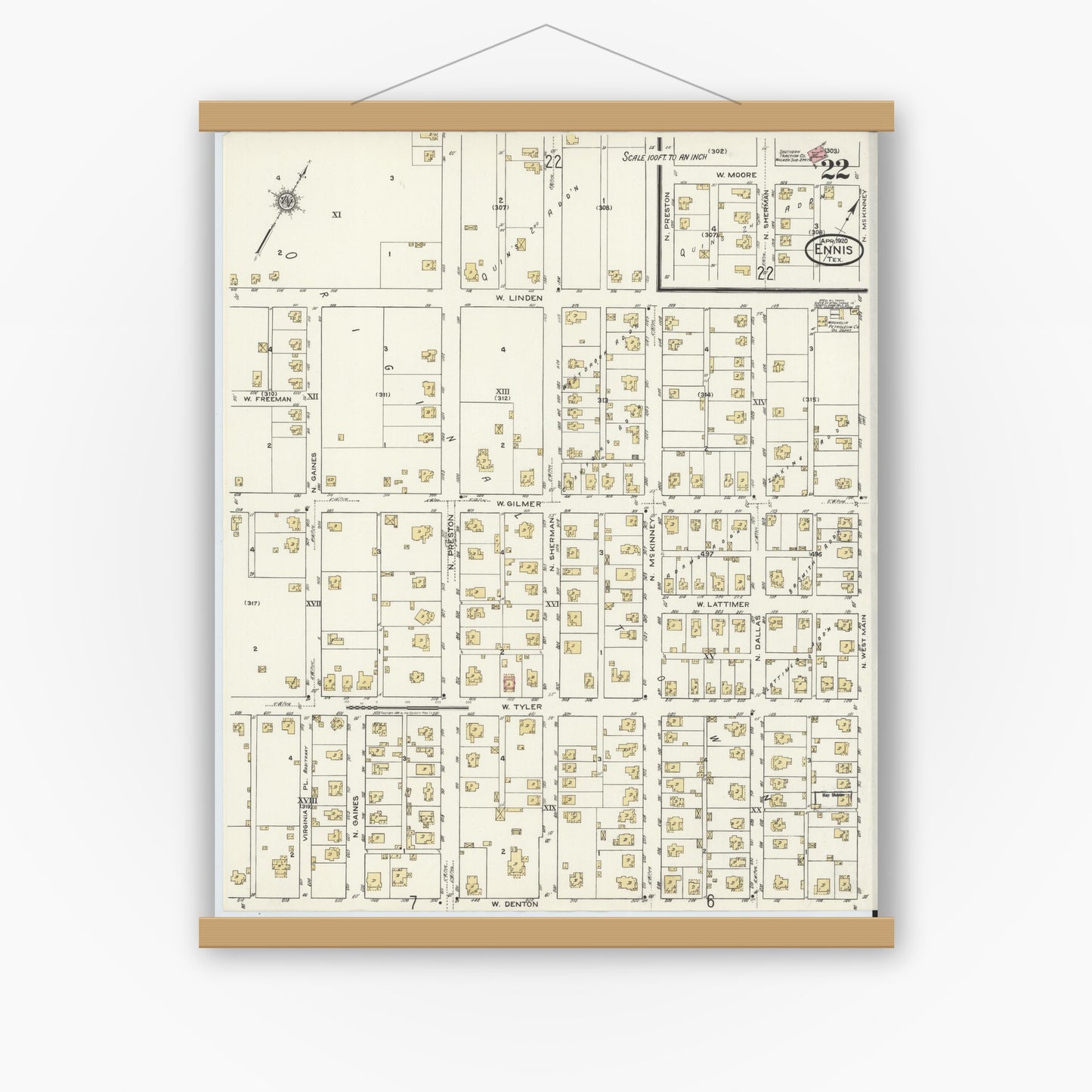 Old map wall art mockup — magnetic wood frame on white wall — Sanborn Fire Insurance Map from Ennis, Ellis County, Texas (1920), Sheet #0022