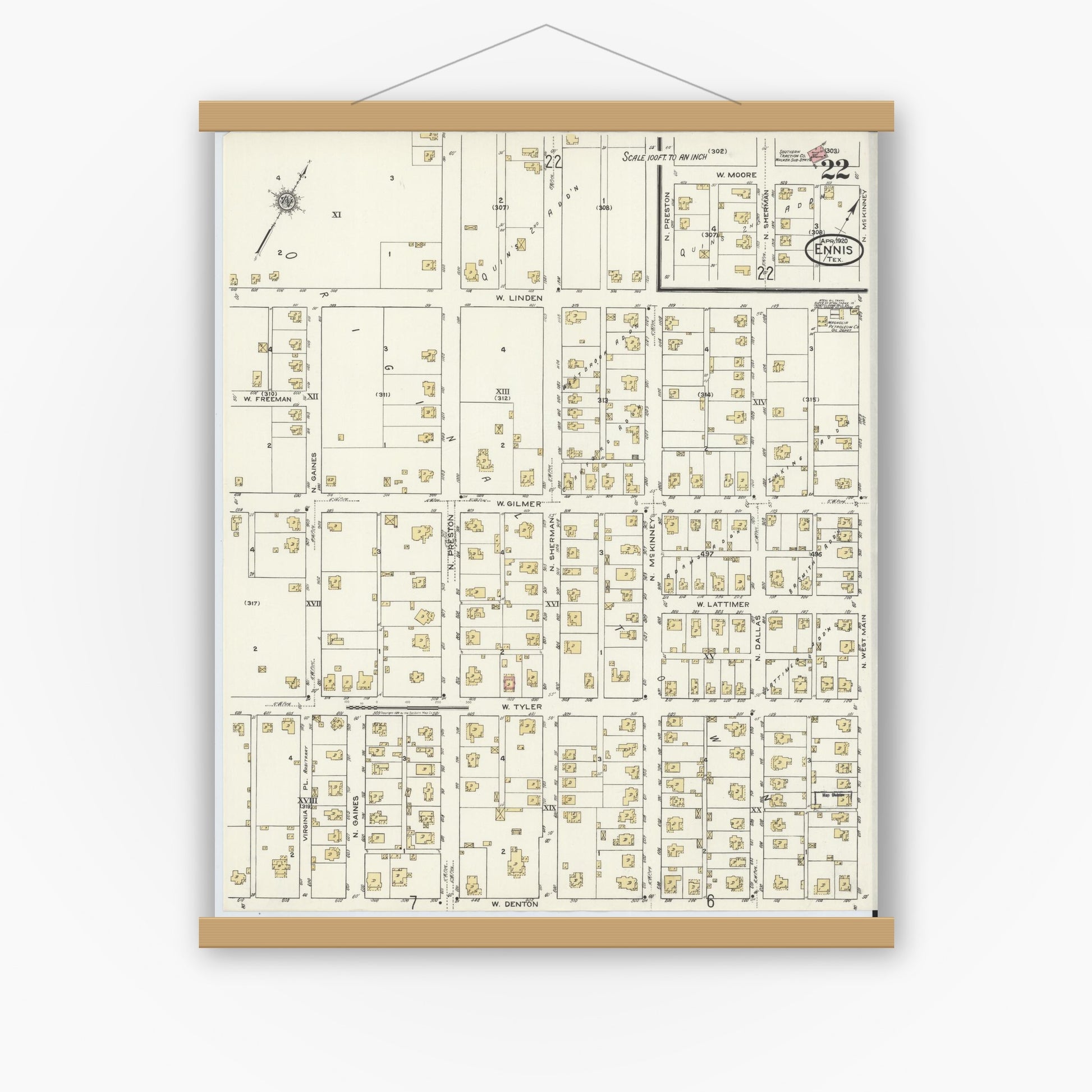Old map wall art mockup — magnetic wood frame on white wall — Sanborn Fire Insurance Map from Ennis, Ellis County, Texas (1920), Sheet #0022