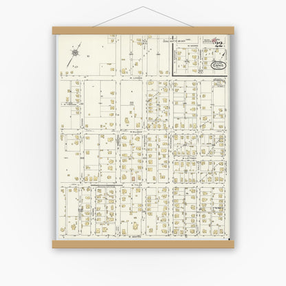 Old map wall art mockup — magnetic wood frame on white wall — Sanborn Fire Insurance Map from Ennis, Ellis County, Texas (1920), Sheet #0022