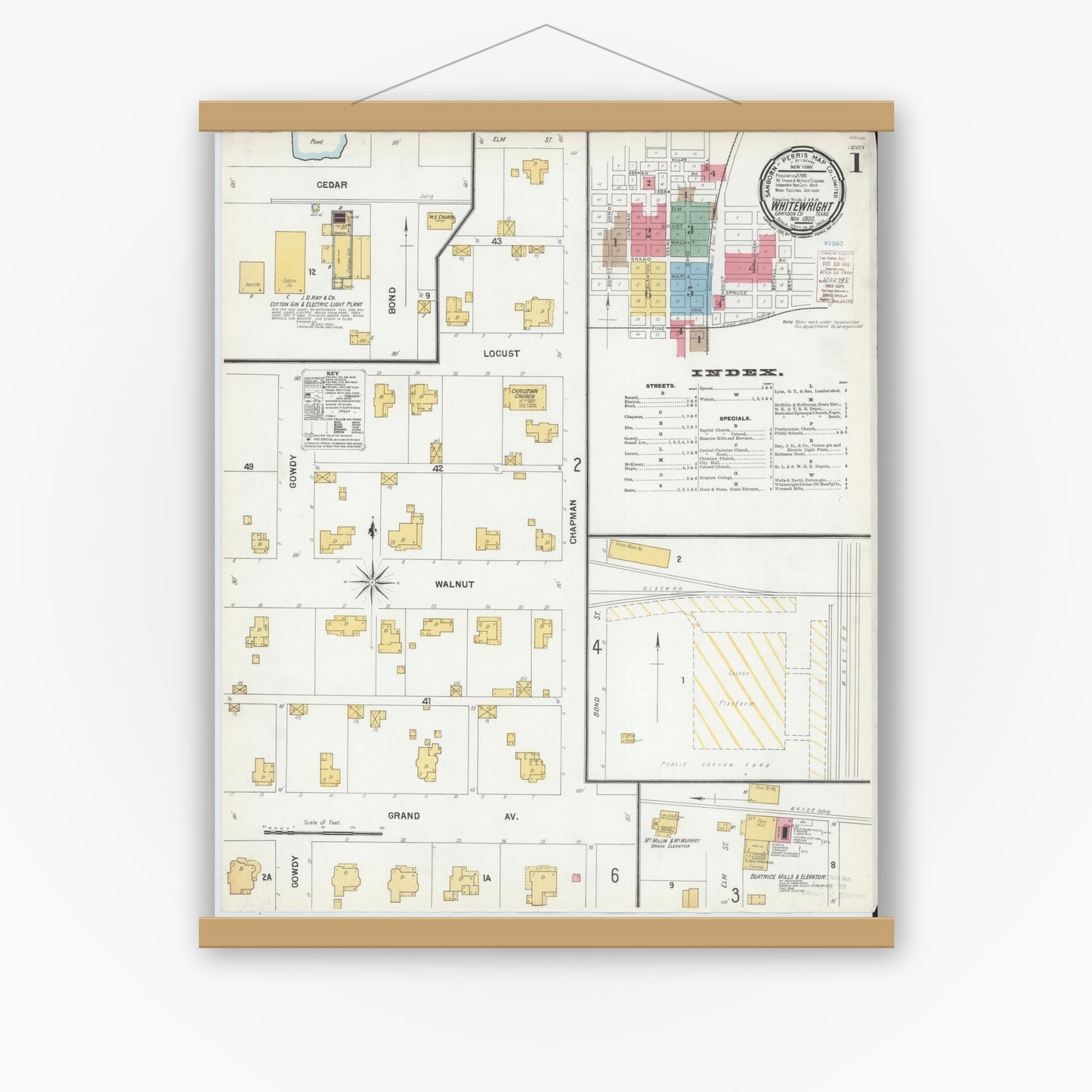 Old map wall art mockup — magnetic wood frame on white wall — Sanborn Fire Insurance Map from Whitewright, Grayson County, Texas (1900) - Complete Map Set