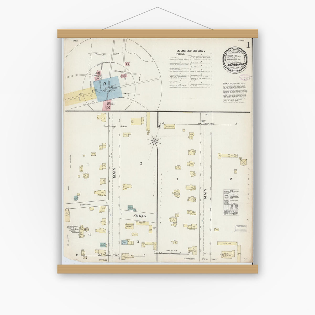 Old map wall art mockup — magnetic wood frame on white wall — Sanborn Fire Insurance Map from Sherburne, Chenango County, New York (1887) - Complete Map Set