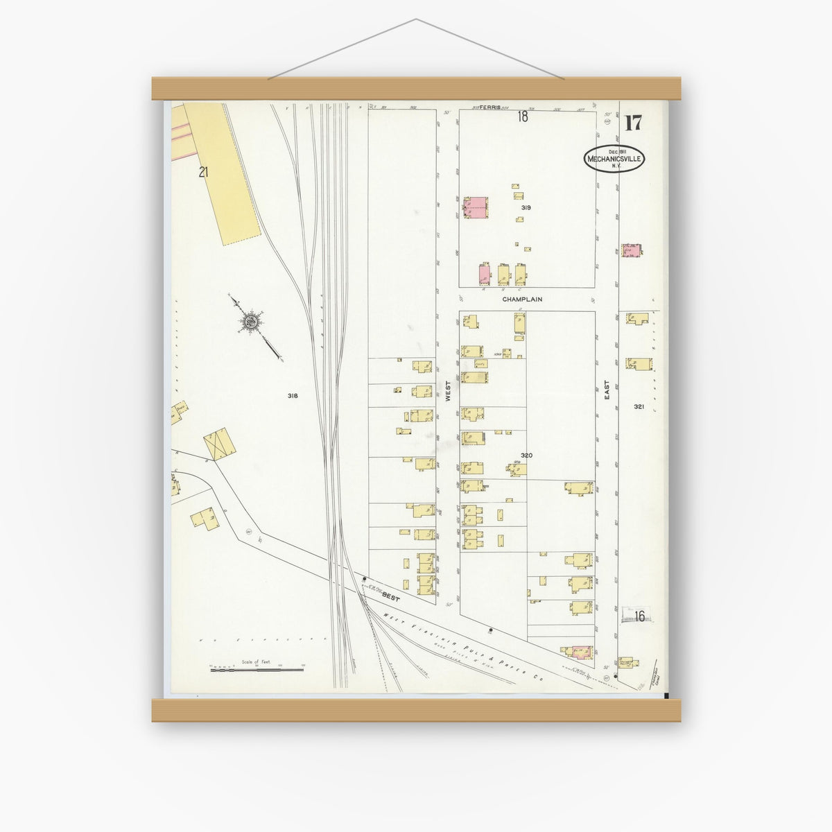 Old map wall art mockup — magnetic wood frame on white wall — Sanborn Fire Insurance Map from Mechanicville, Saratoga County, New York (1911), Sheet #0017