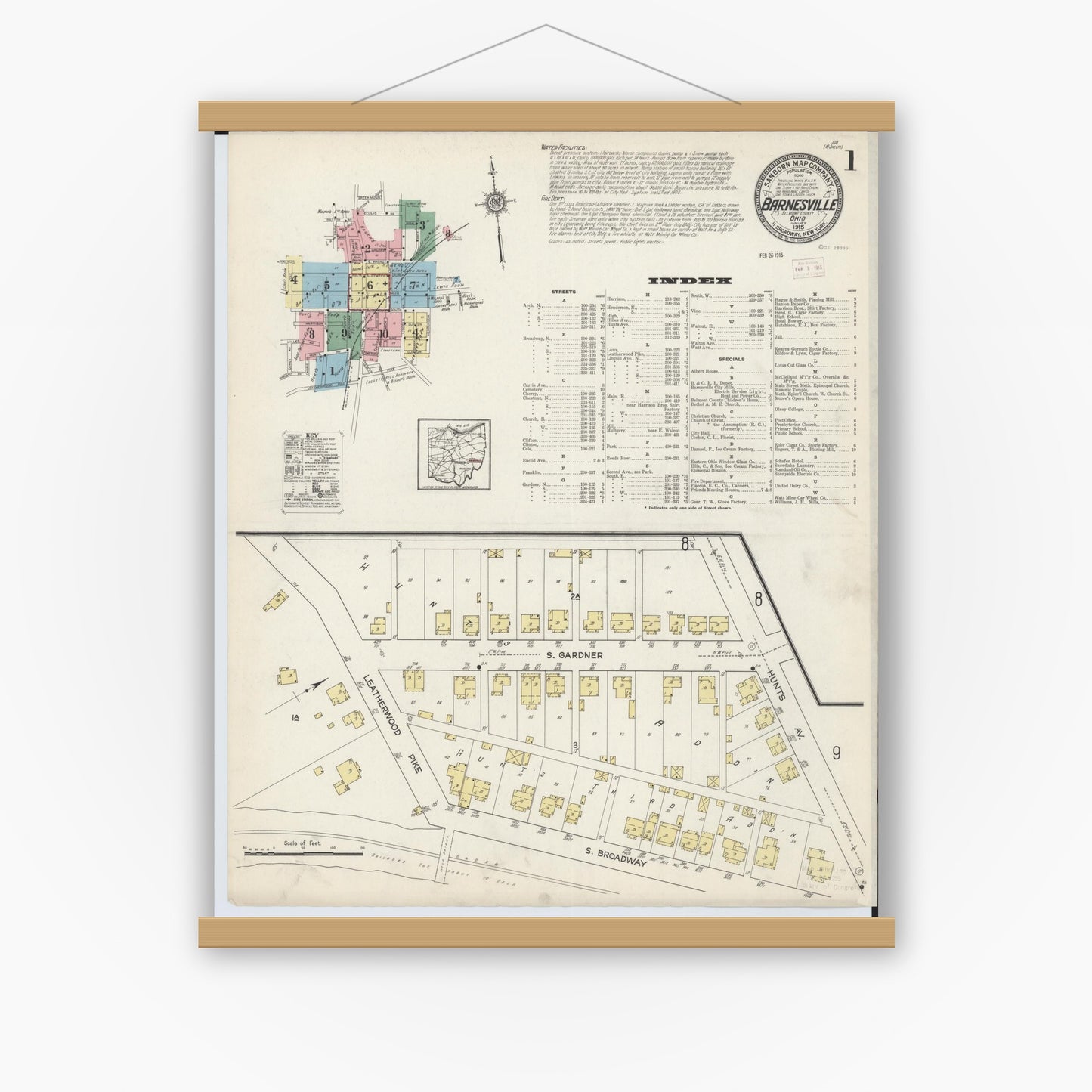Old map wall art mockup — magnetic wood frame on white wall — Sanborn Fire Insurance Map from Barnesville, Belmont County, Ohio (1915), Sheet #0001