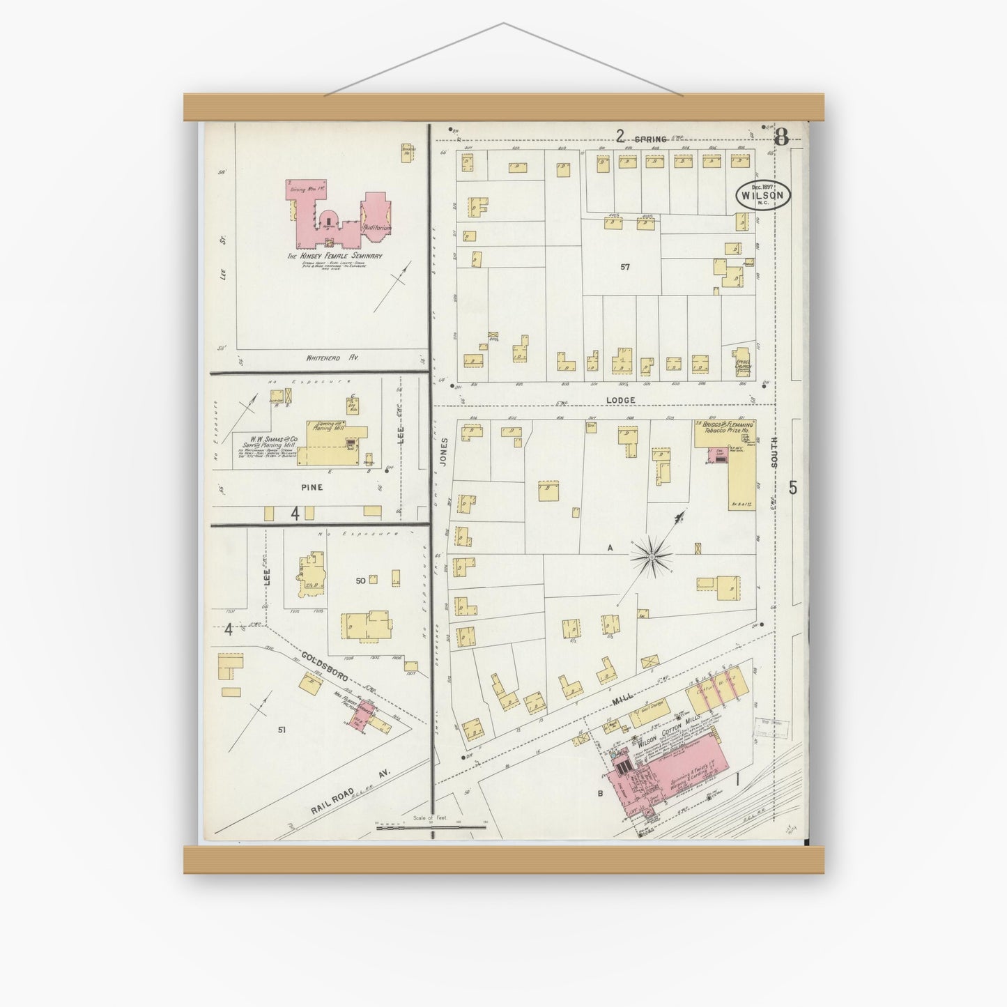 Old map wall art mockup — magnetic wood frame on white wall — Sanborn Fire Insurance Map from Wilson, Wilson County, North Carolina (1897), Sheet #0008