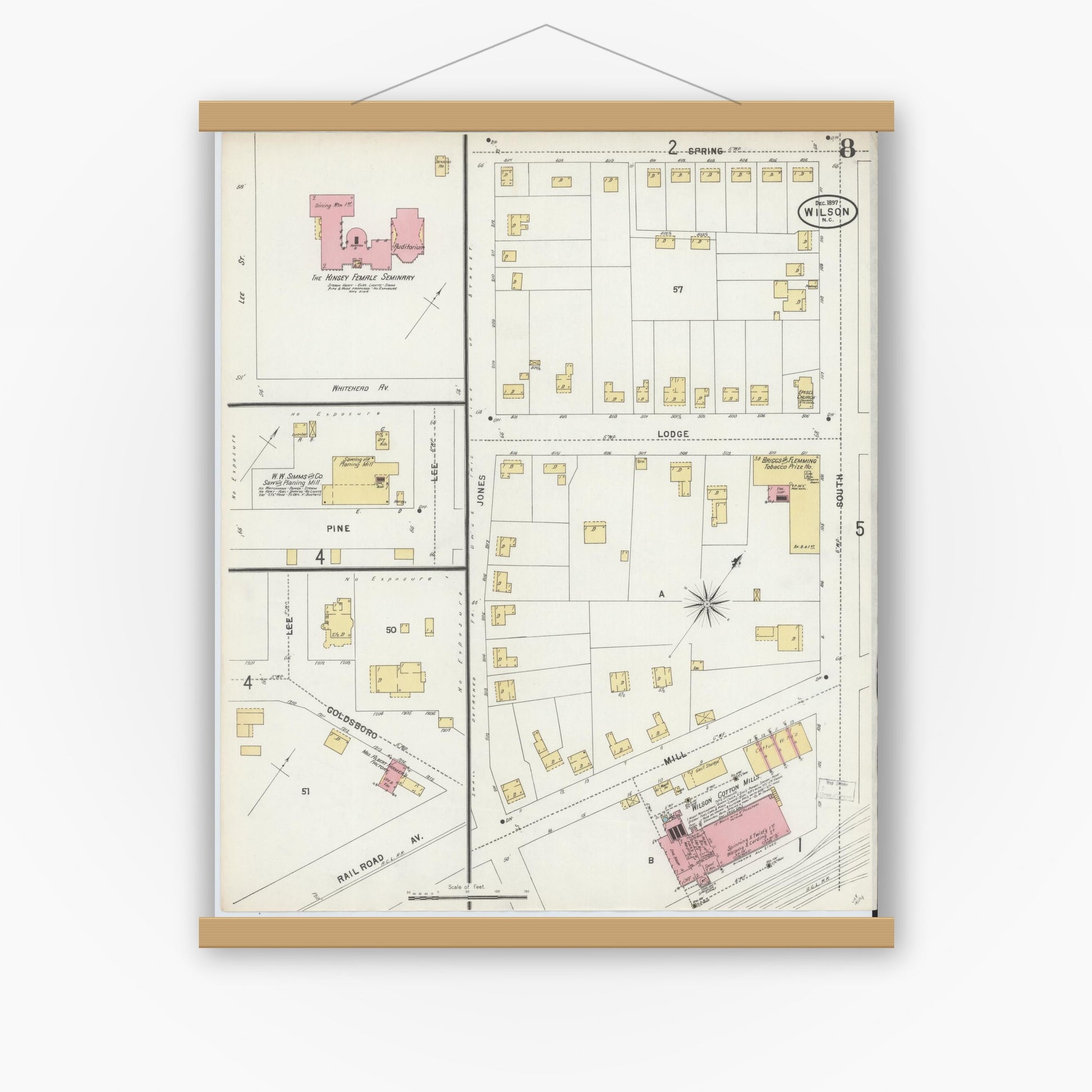 Old map wall art mockup — magnetic wood frame on white wall — Sanborn Fire Insurance Map from Wilson, Wilson County, North Carolina (1897), Sheet #0008