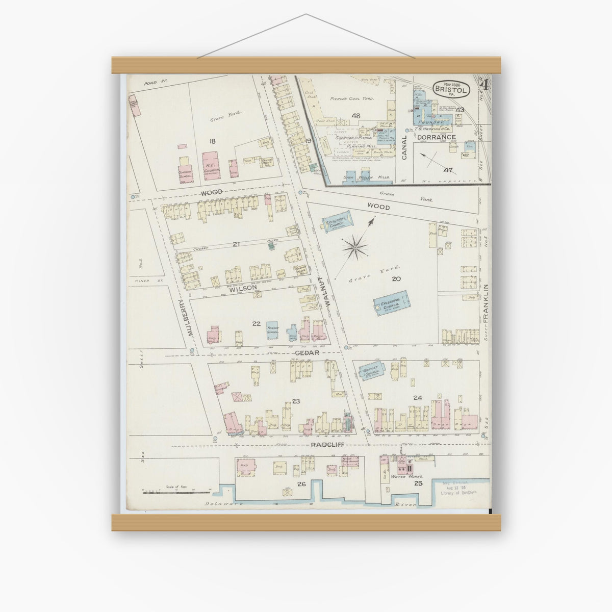 Old map wall art mockup — magnetic wood frame on white wall — Sanborn Fire Insurance Map from Bristol, Bucks County, Pennsylvania (1886), Sheet #0004