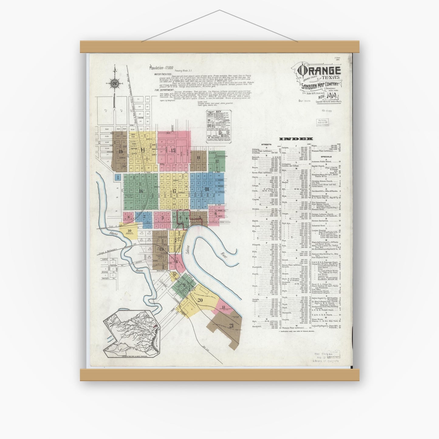 Old map wall art mockup — magnetic wood frame on white wall — Sanborn Fire Insurance Map from Orange, Orange County, Texas (1919), Sheet #0001