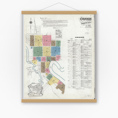 Old map wall art mockup — magnetic wood frame on white wall — Sanborn Fire Insurance Map from Orange, Orange County, Texas (1919), Sheet #0001