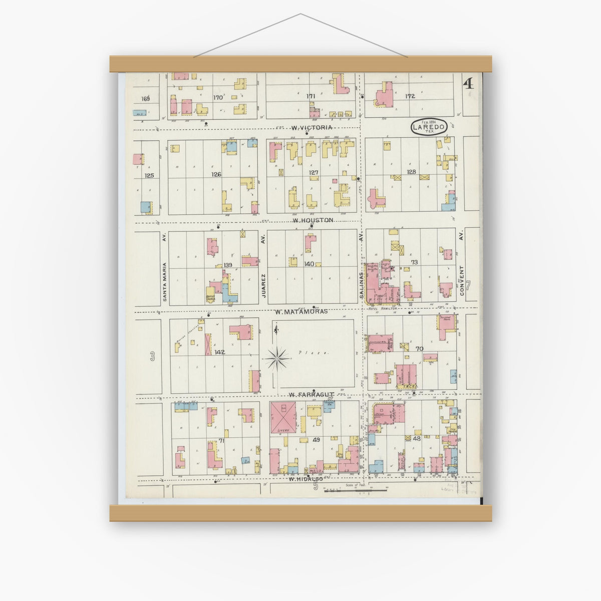 Old map wall art mockup — magnetic wood frame on white wall — Sanborn Fire Insurance Map from Laredo, Webb County, Texas (1894), Sheet #0004